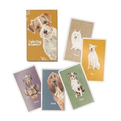 Calm Dog Games dog enrichment card deck - shows all card categories: puzzle, play, calm, bond, focus