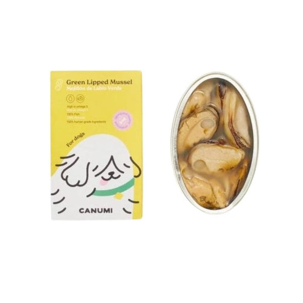 Green lipped mussel for dogs - Tinned fish for dogs - box front and inside tin