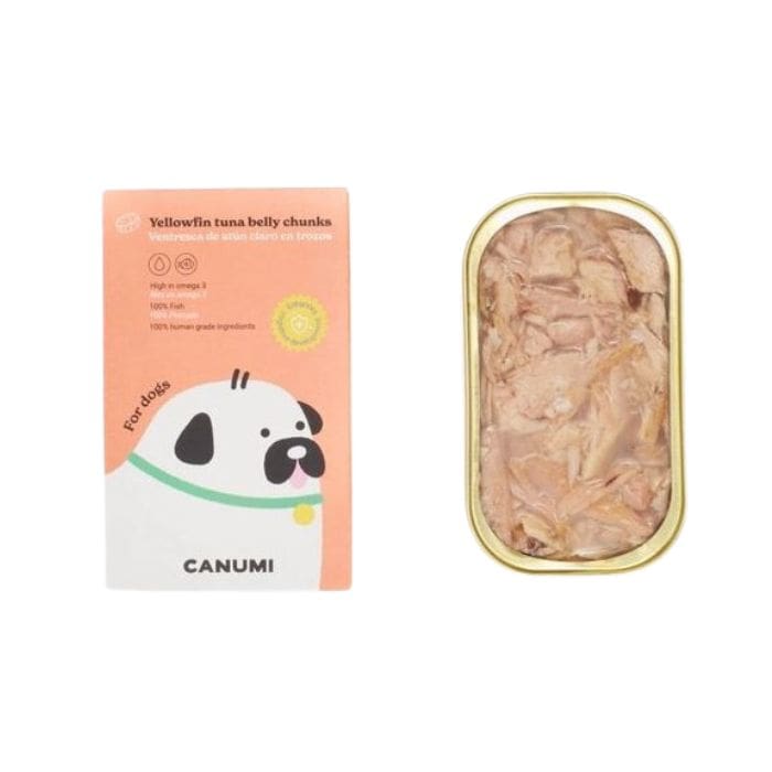 Tinned fish for dogs - Canumi tuna for dogs box front and inside tin