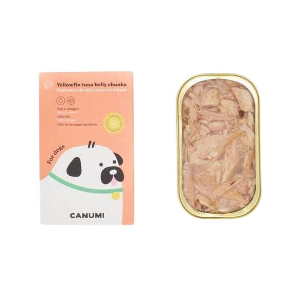 Tinned fish for dogs - Canumi tuna for dogs box front and inside tin