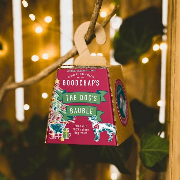Christmas dog treats in a bauble hanging from a branch - Xmas gifts for dogs