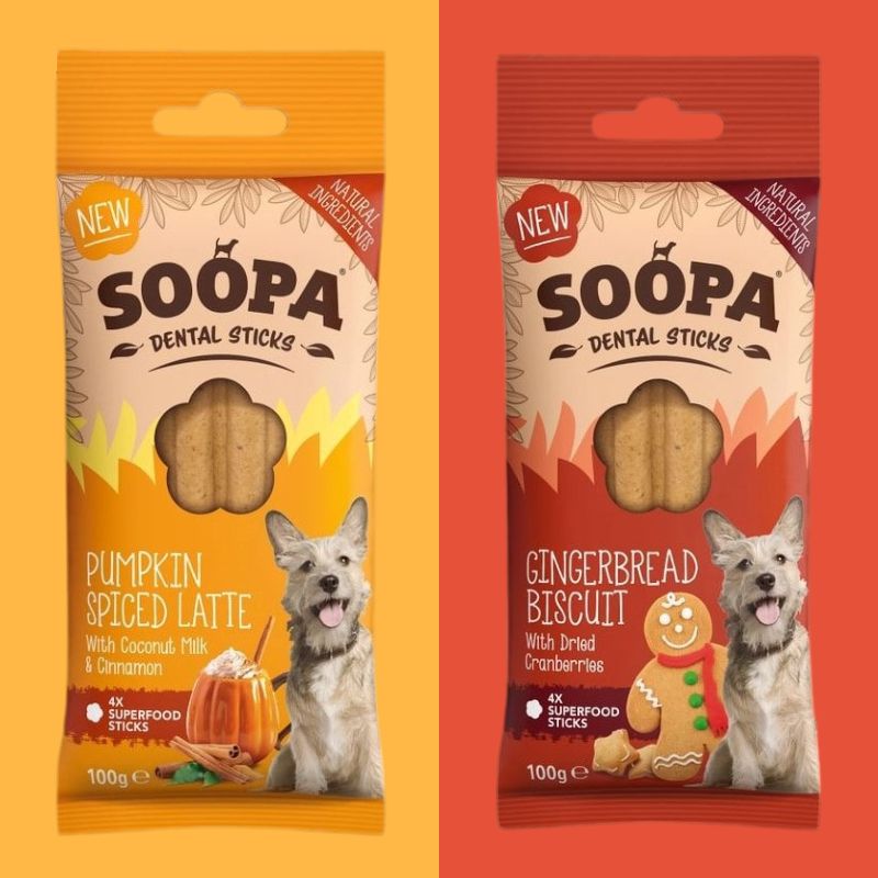 Two packages of Soopa Dental Sticks on a split background with orange and red.
