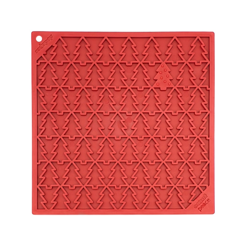 Red SodaPup dog lick mat with a Christmas tree pattern - Christmas dog gift