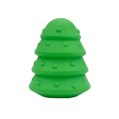 Green Christmas tree dog treat dispenser - side on view