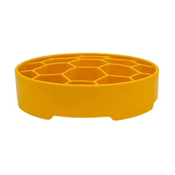 SodaPup slow feeder for dogs - round yellow bowl with honeycomb pattern slow feeder dog bowl