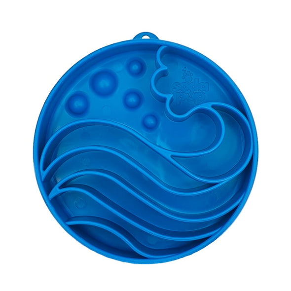 SodaPup slow feeder for dogs - round blue bowl with wave pattern slow feeder dog bowl