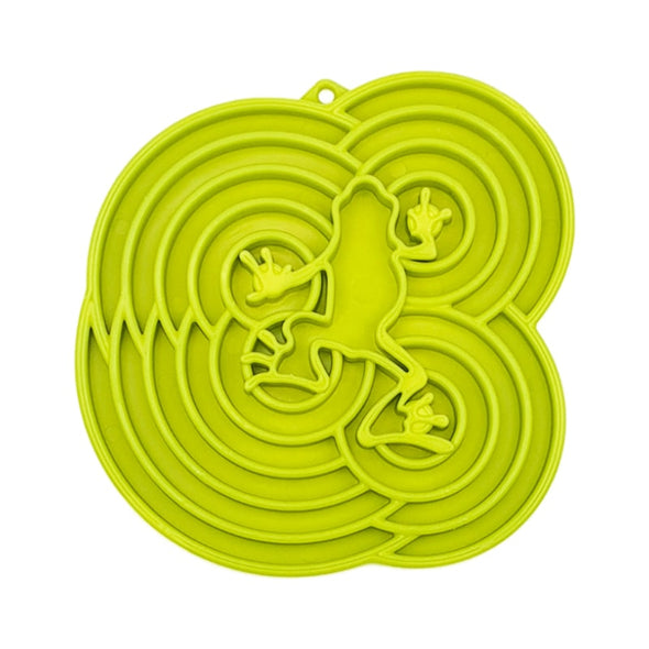 Green slow feeder for dogs with round circular sections and a frog in the centre
