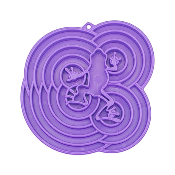 Purple slow feeder for dogs with round circular sections and a frog in the centre